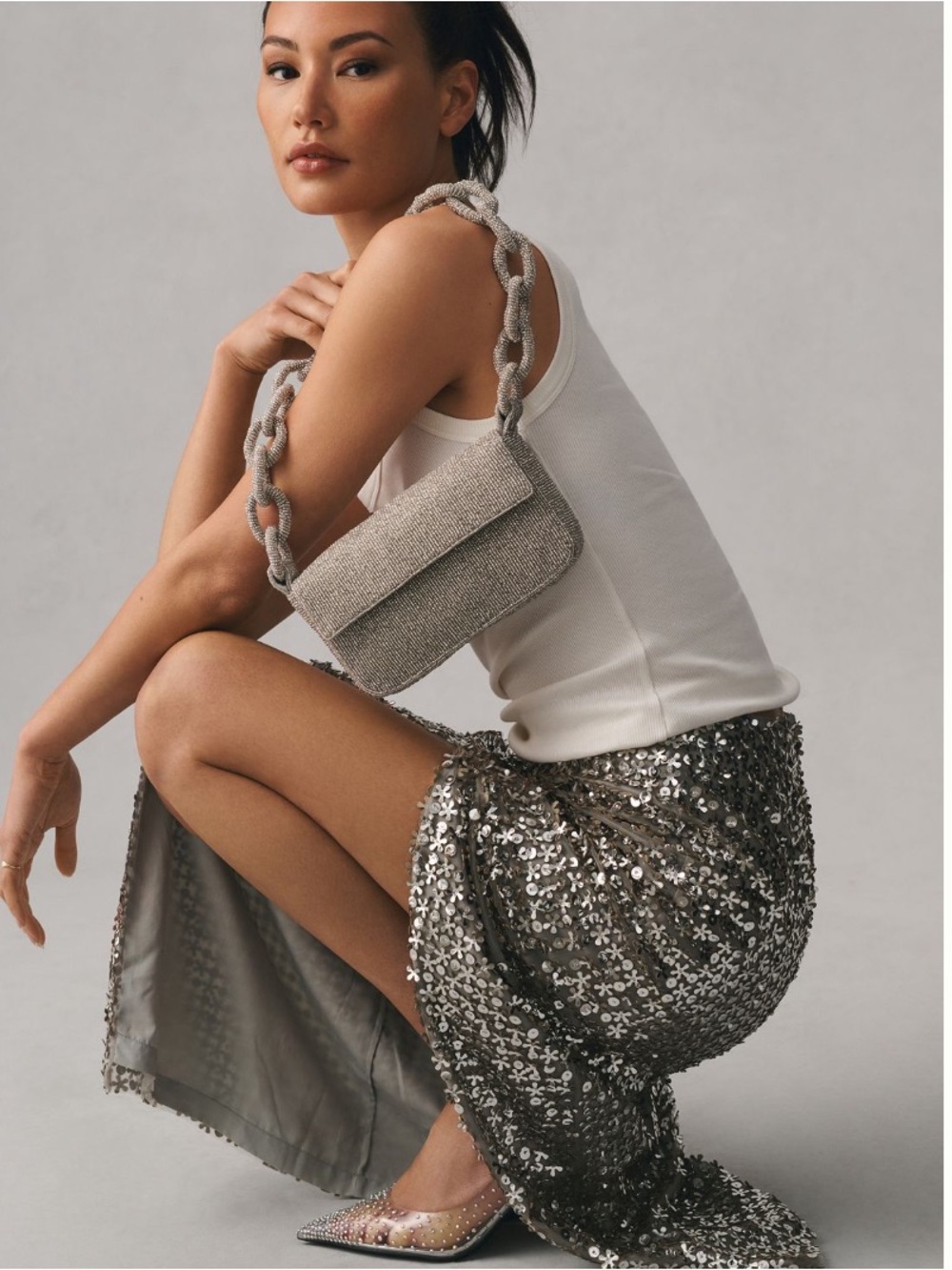 NWT Anthropologie Silver Beaded Chain Shoulder Bag